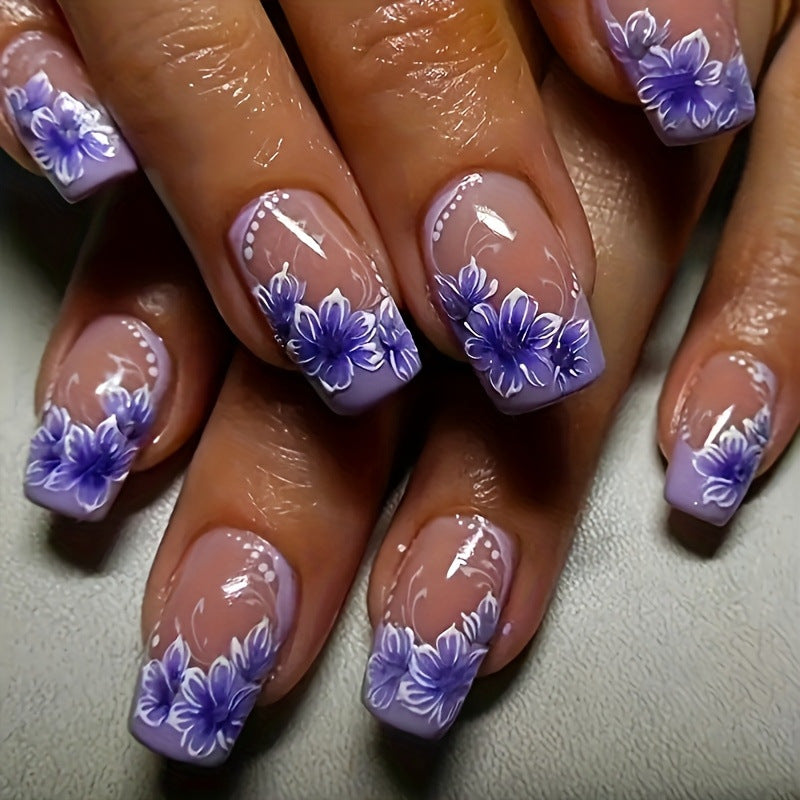 24pcs/Set Purple Flower French Press-On Nails