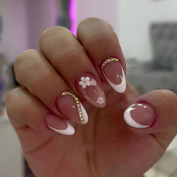 30pcs/Set French Floral Glitter Press-On Nails