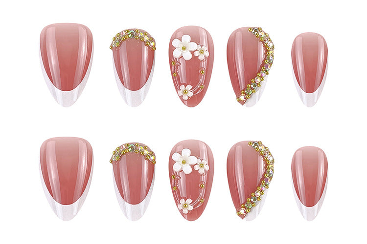 30pcs/Set French Floral Glitter Press-On Nails