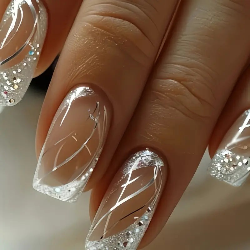 24pcs/Set Silver Lines French Press-On Nails