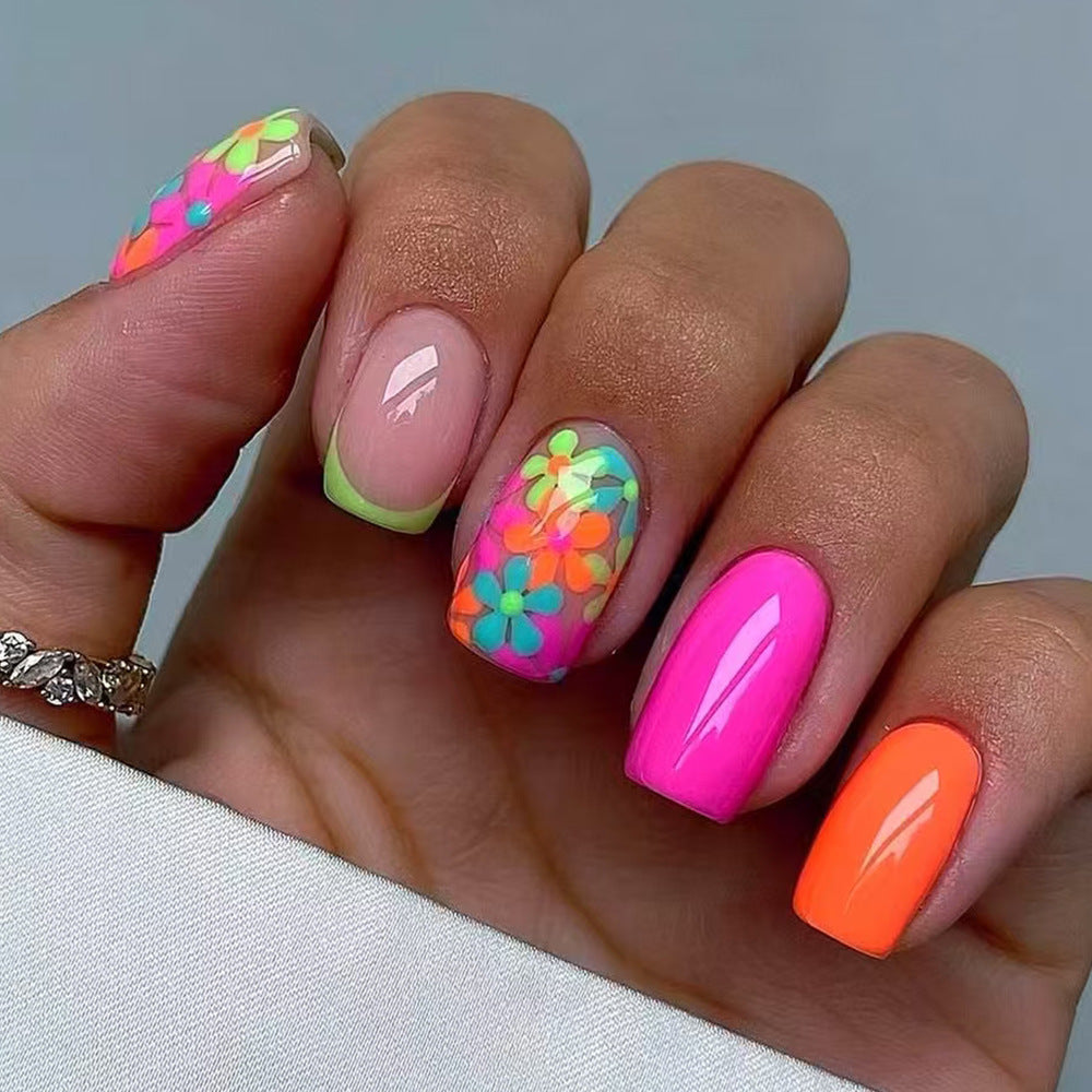 24pcs/Set Multicolor Flowers Press-On Nails