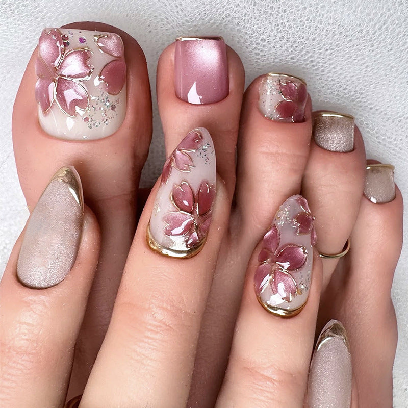 48pcs/Set Floral Cat Eye Press On Toe Nails and Press-On Nails