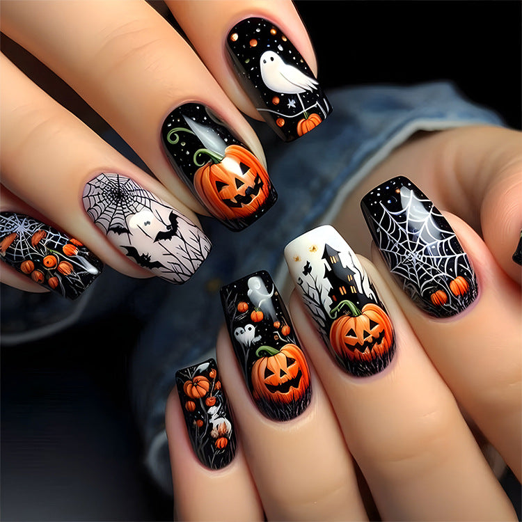 24pcs/Set Halloween Jack-o'-Lantern Ghost Spiderweb Press-On Nails