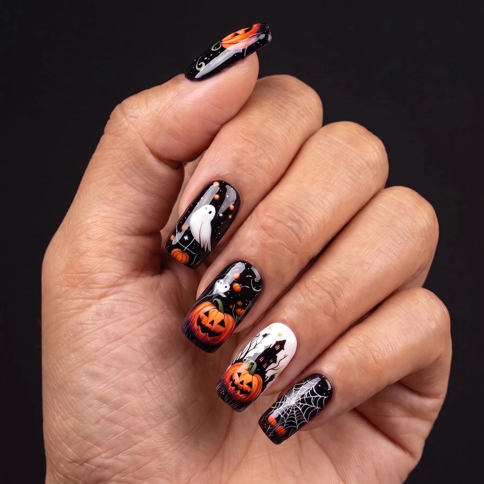 24pcs/Set Halloween Jack-o'-Lantern Ghost Spiderweb Press-On Nails