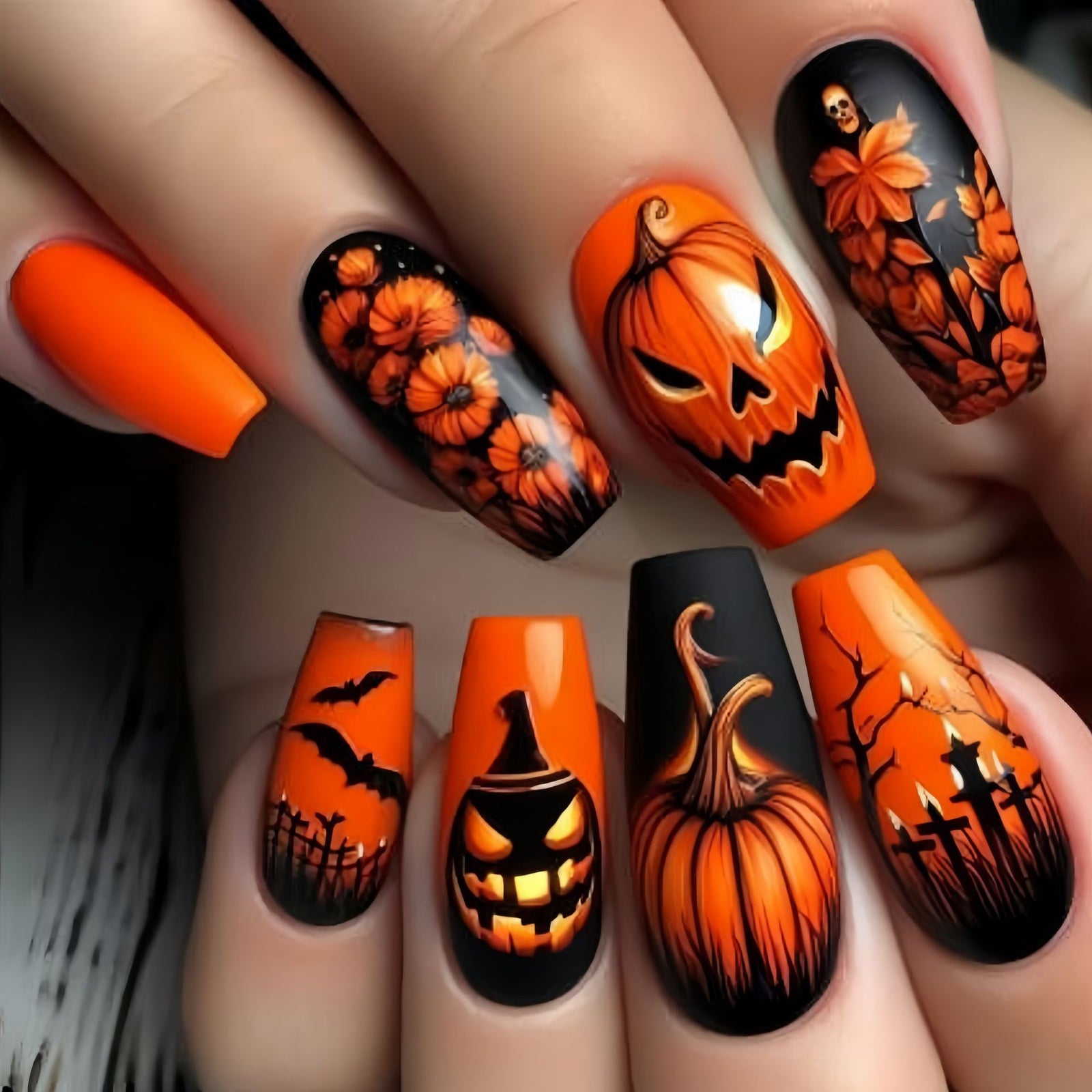 24pcs/Set Halloween Scary Pumpkin Plant Flower Press-On Nails