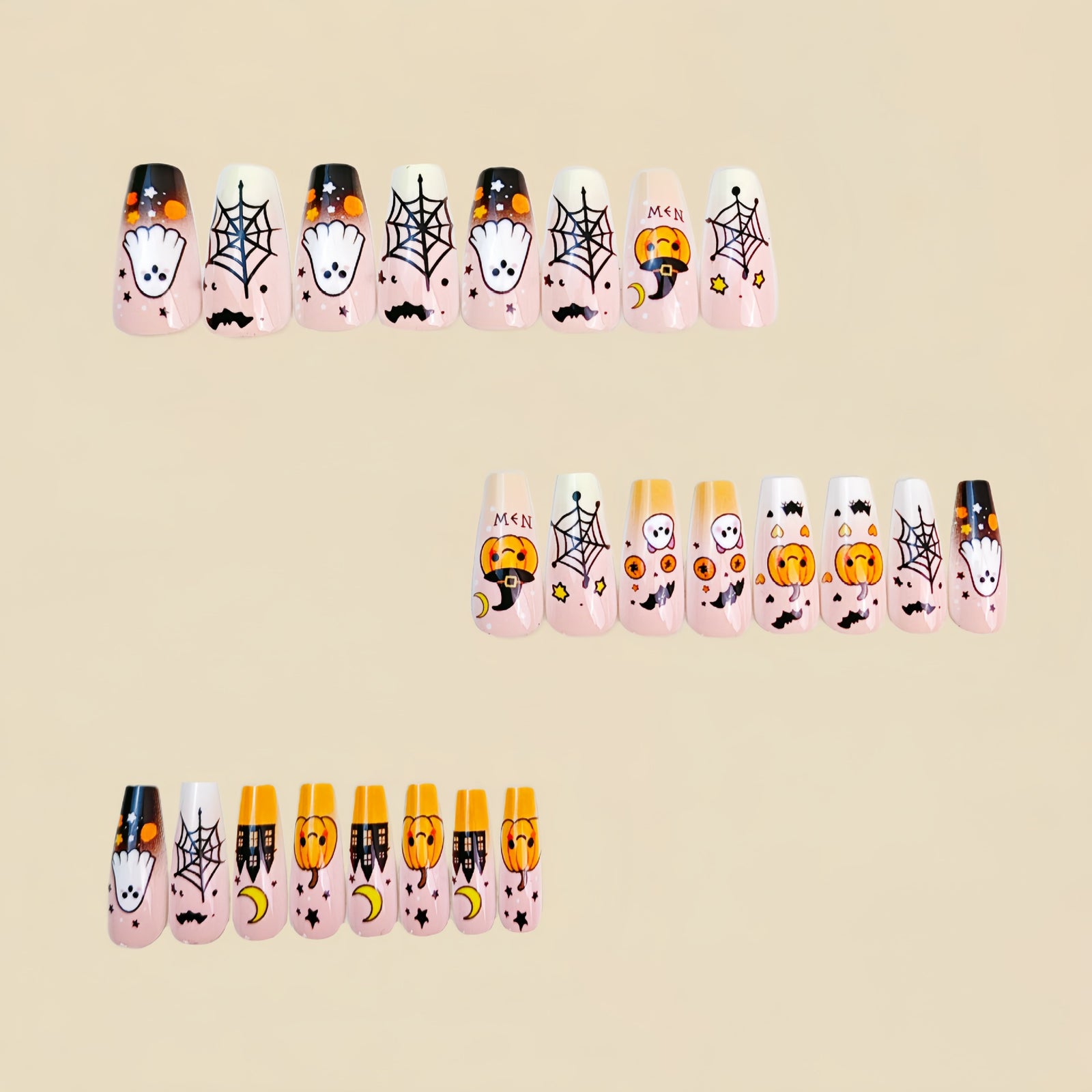 24pcs/Set Halloween Pink Pumpkin Ghost Cobweb Press-On Nails
