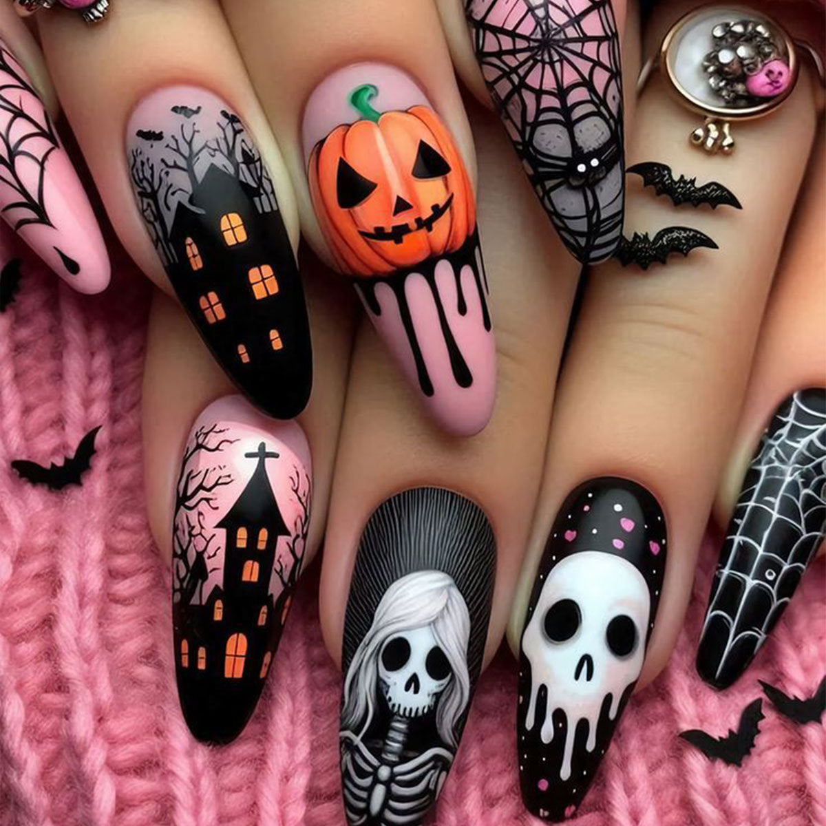 24pcs/Set Halloween Pumpkin Skull Spider Web Press-On Nails