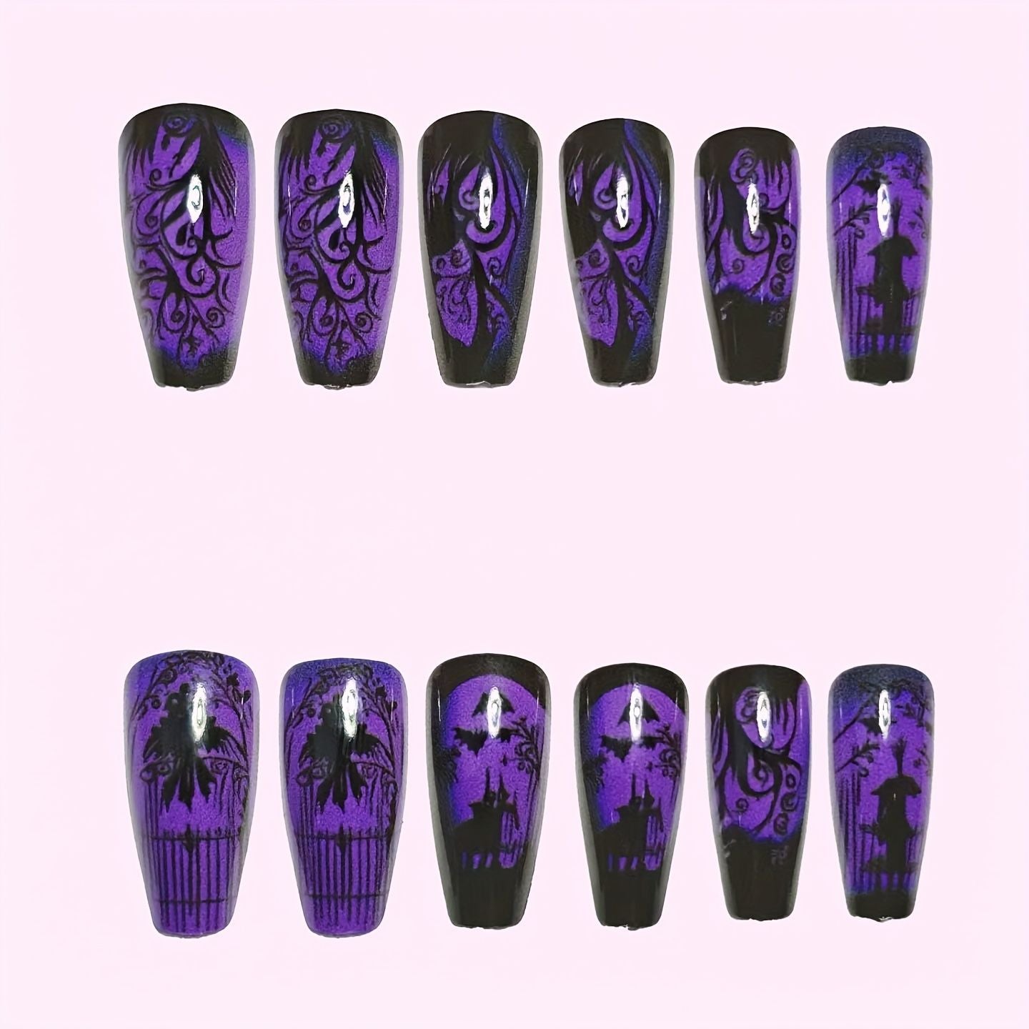 24pcs/Set Halloween Dark Night Purple Light Castle Press-On Nails