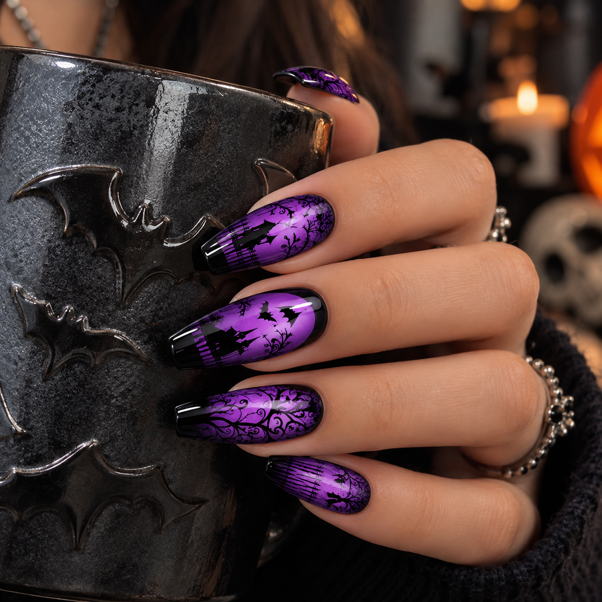 24pcs/Set Halloween Dark Night Purple Light Castle Press-On Nails