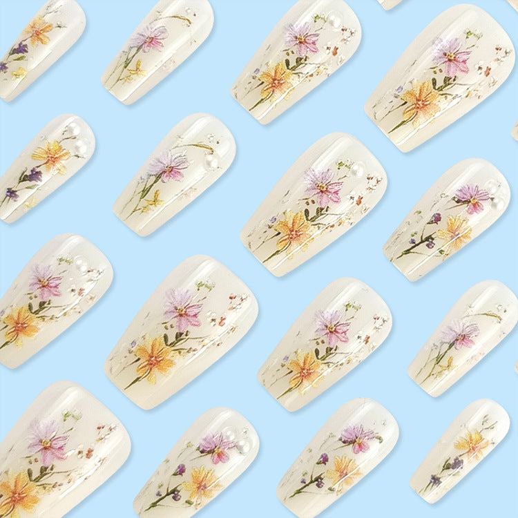 24pcs/Set Flowers with Pearl and Diamond Inlay Press-On Nails