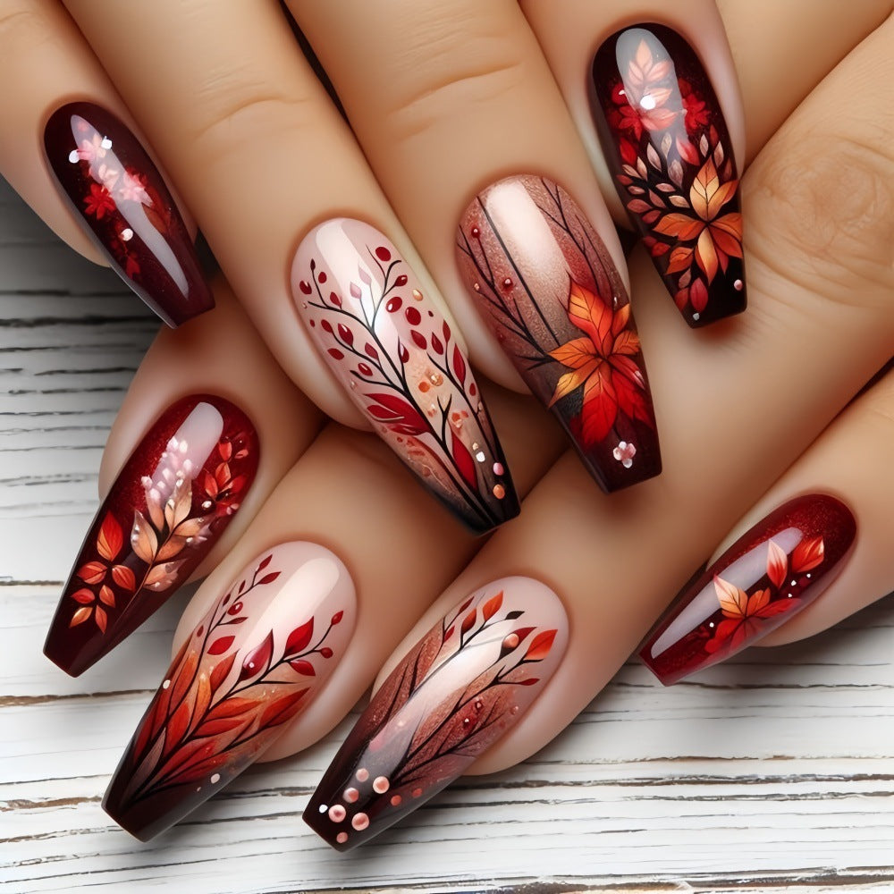 24pcs/Set Deep Red-Brown Leaves Press-On Nails