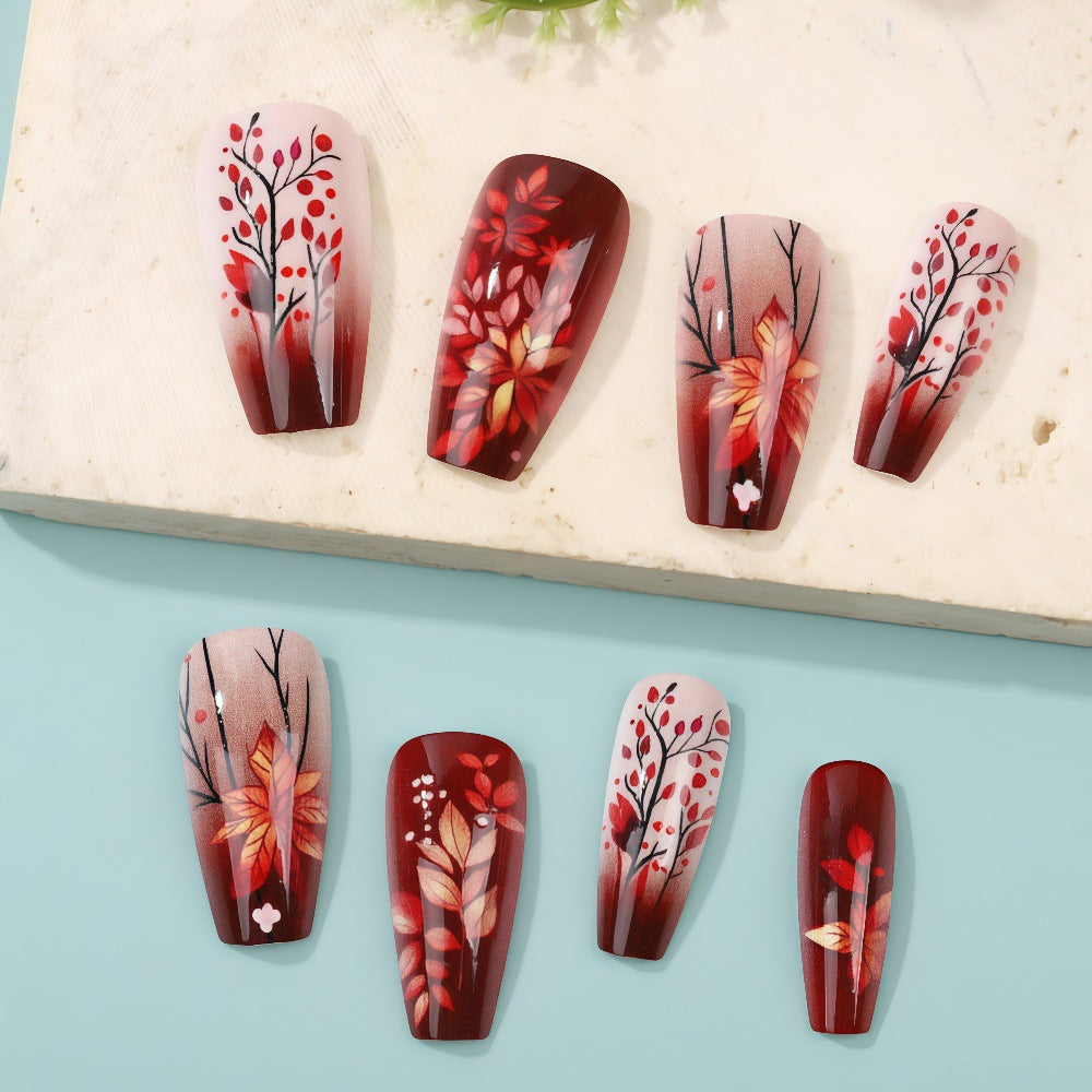 24pcs/Set Deep Red-Brown Leaves Press-On Nails