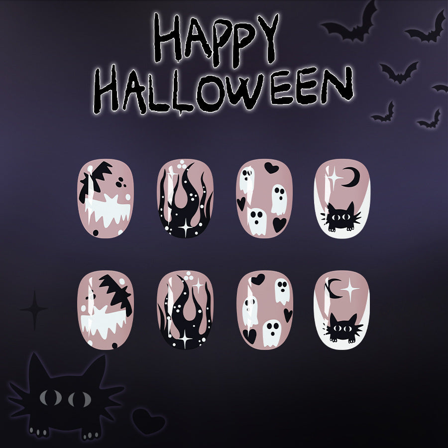 24pcs/Set Halloween Flame Bat Little Cat Heart Press-On Nails