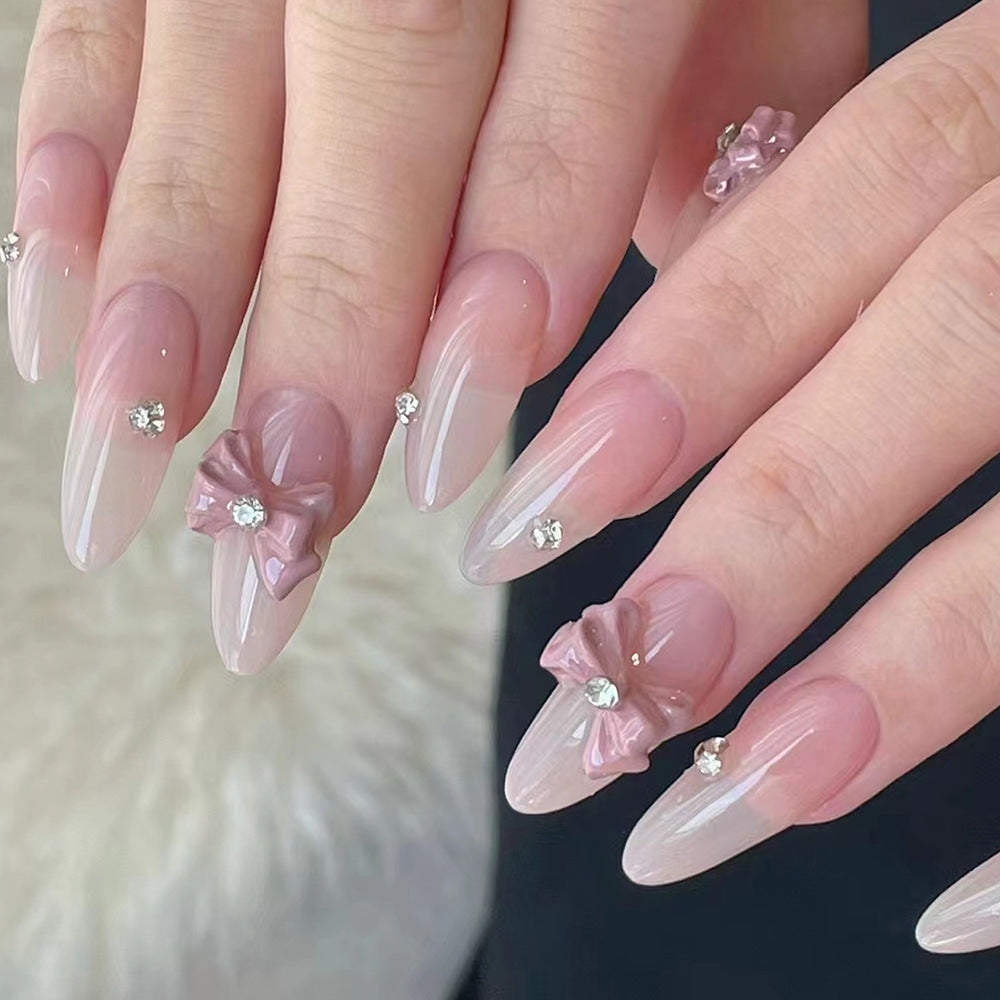30pcs/Set 3D Pink Bow with Diamonds Press-On Nails
