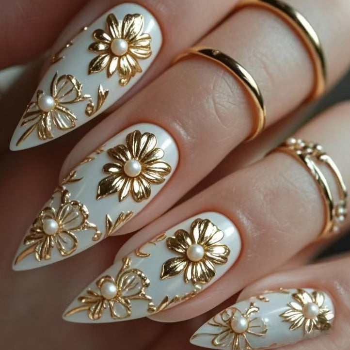 24pcs/Set 3D Platinum Pearl Floral Press-On Nails