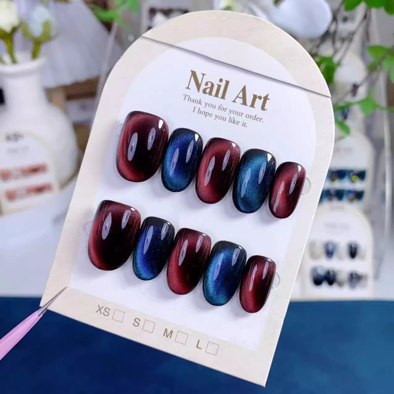 (Handmade) 10pcs/Set Burgundy and Sapphire Cat Eye Press-On Nails