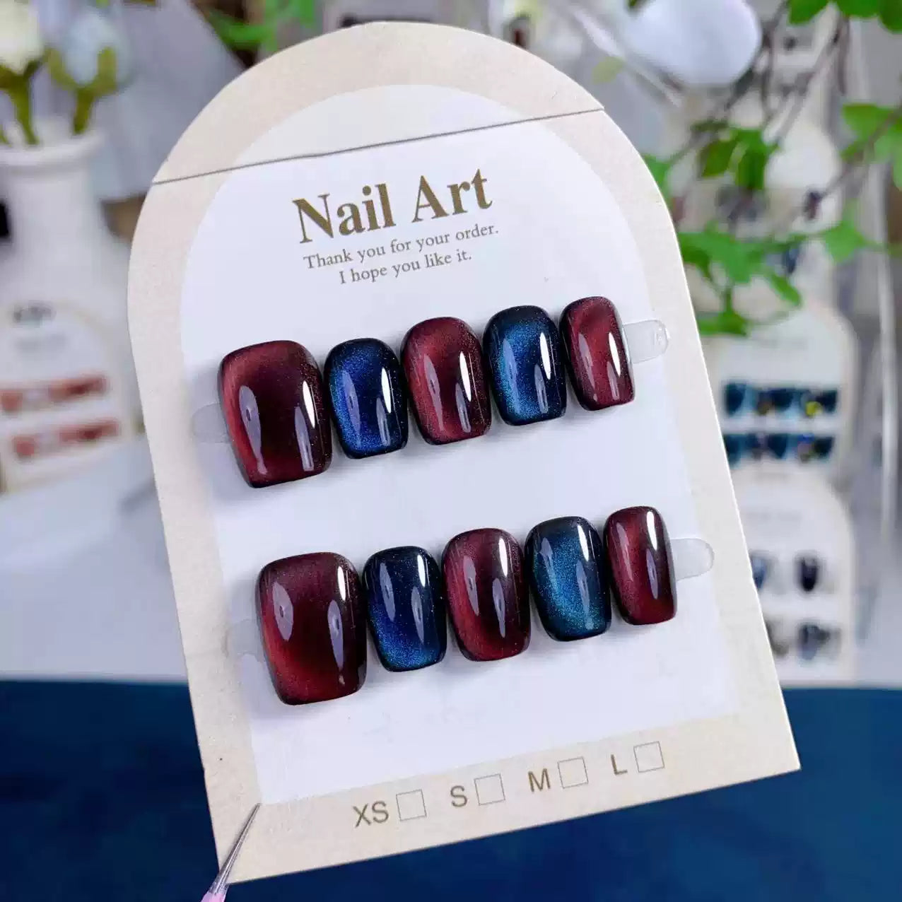 (Handmade) 10pcs/Set Burgundy and Sapphire Cat Eye Press-On Nails
