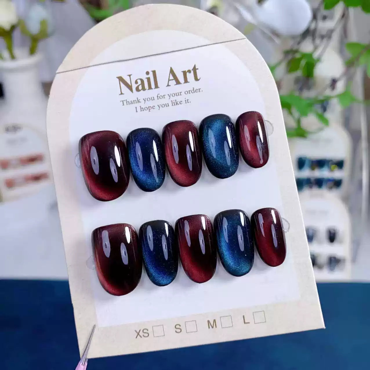 (Handmade) 10pcs/Set Burgundy and Sapphire Cat Eye Press-On Nails
