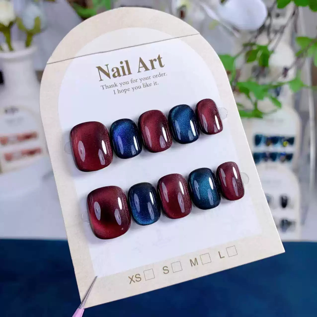 (Handmade) 10pcs/Set Burgundy and Sapphire Cat Eye Press-On Nails
