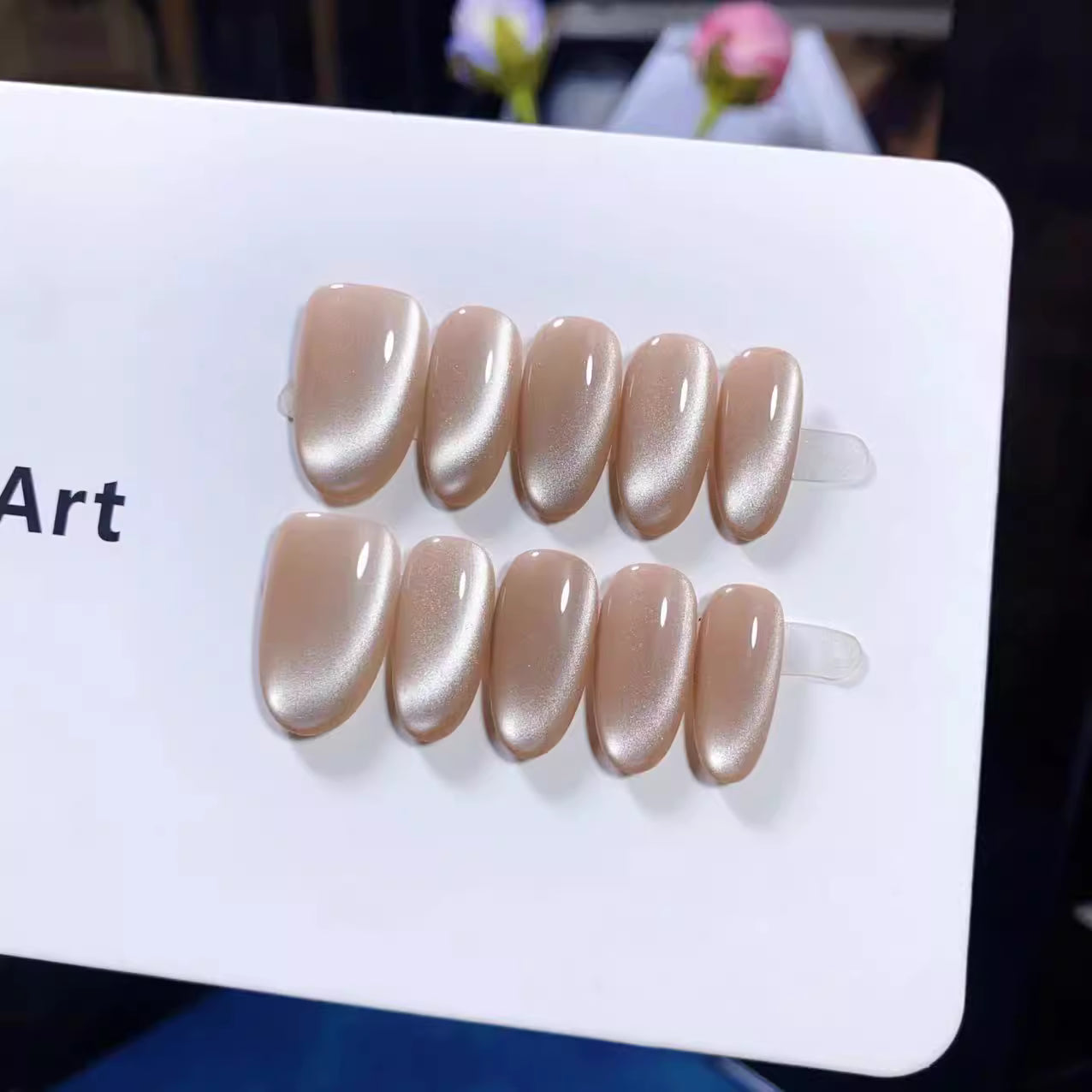 (Handmade) 10pcs/Set Nude Pink Glossy Cat Eye Press-On Nails