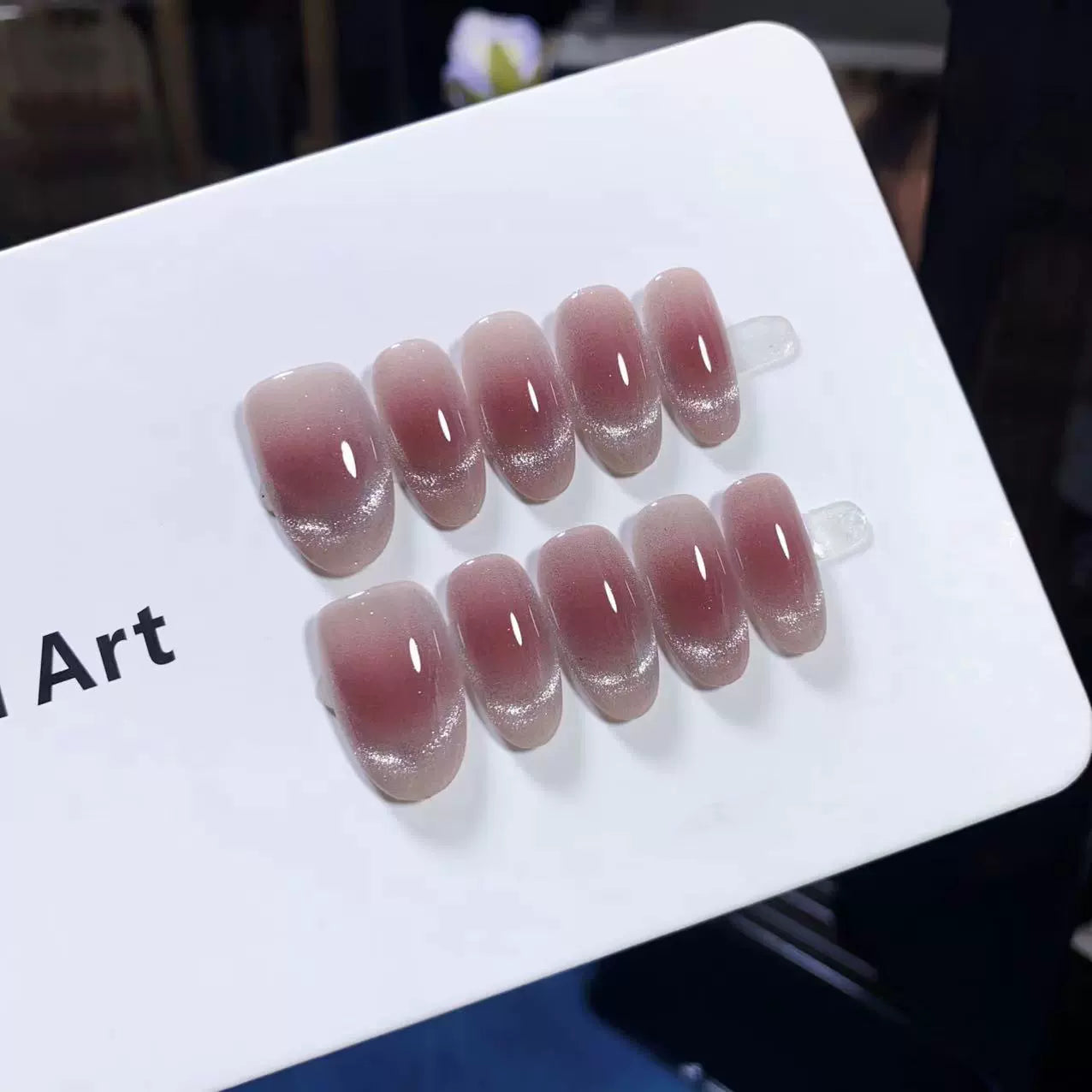 (Handmade) 10pcs/Set Burgundy Gradient French Cat Eye Press-On Nails