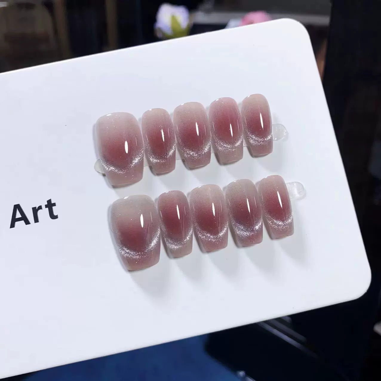 (Handmade) 10pcs/Set Burgundy Gradient French Cat Eye Press-On Nails