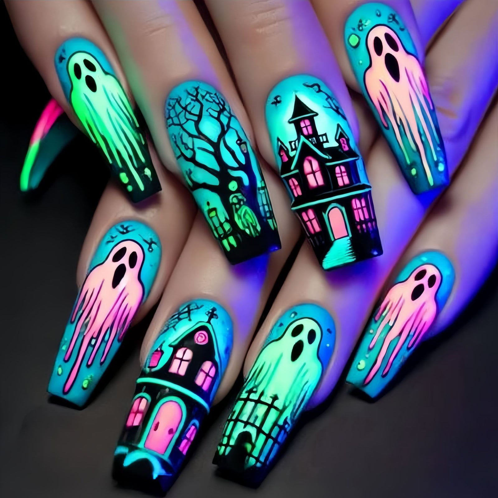 24pcs/Set Halloween Blue Castle Ghost Forest Press-On Nails
