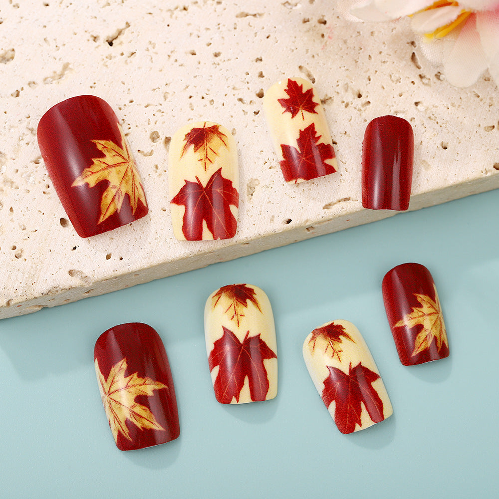 24pcs/Set Ombre Autumn Leaves Red Maple Golden Foliage Press-On Nails
