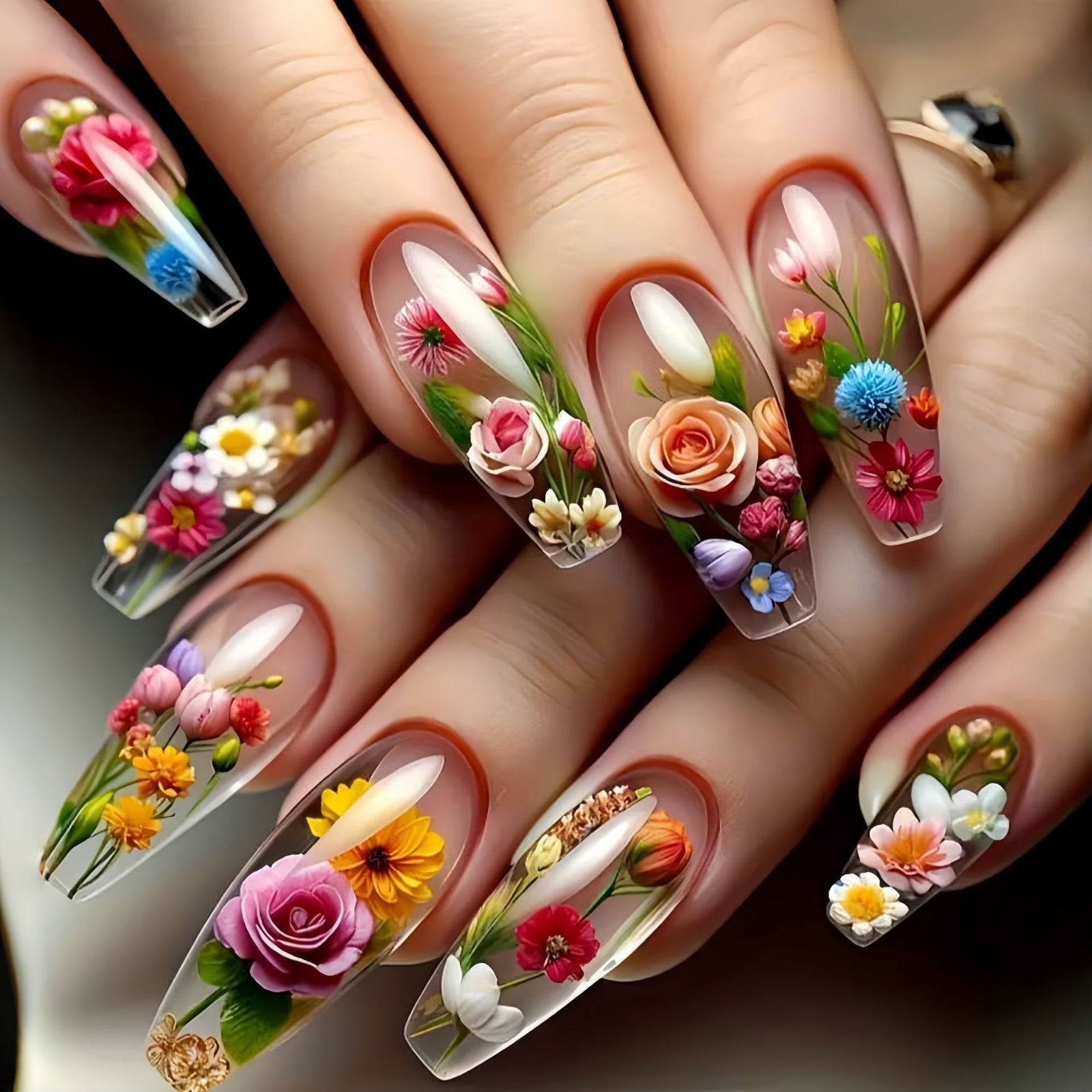24pcs/Set Botanical Flowers Press-On Nails