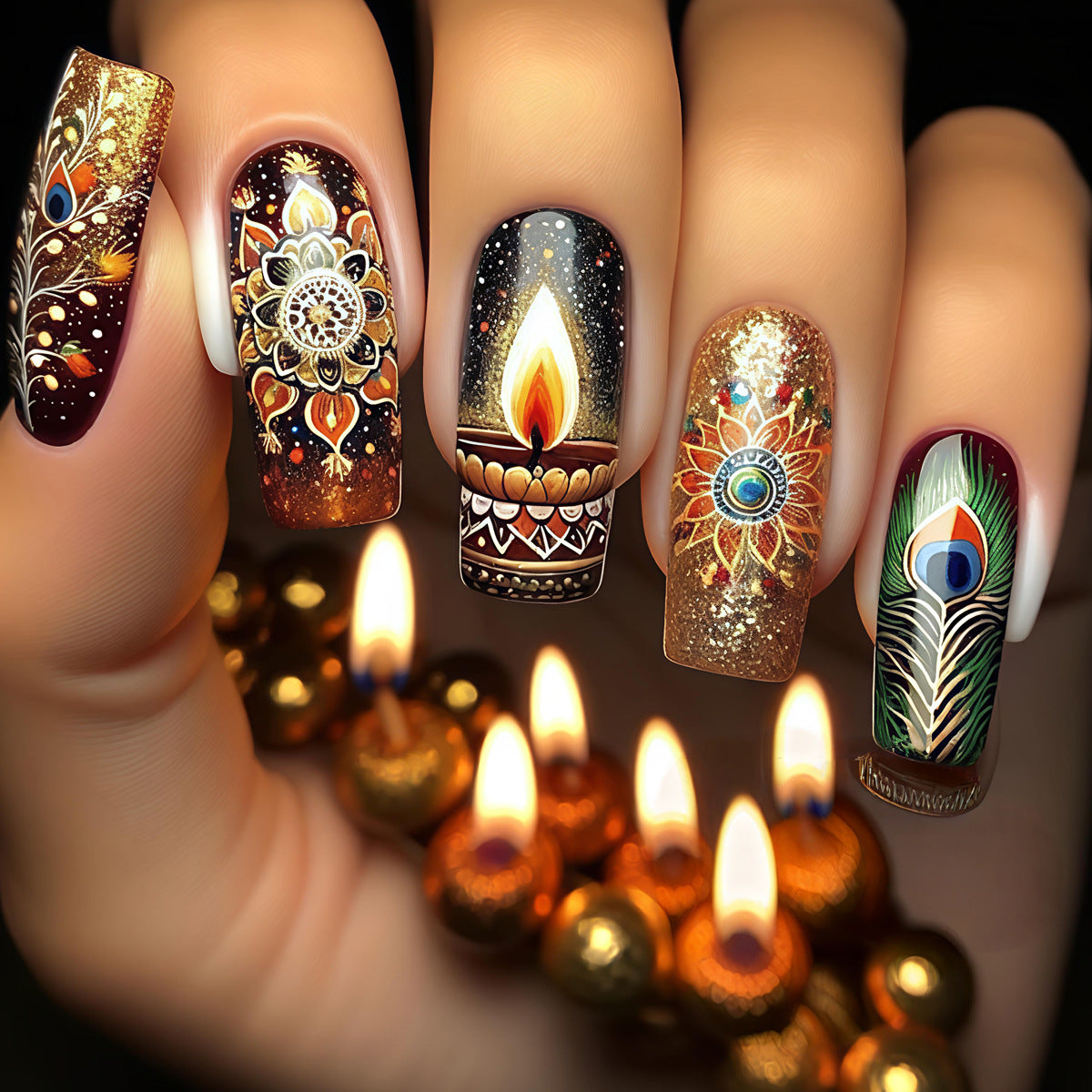 24pcs/Set Multicolor Cosmic Feather Flames Press-On Nails