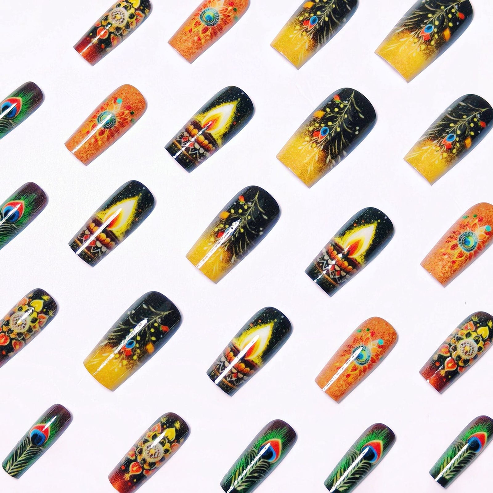 24pcs/Set Multicolor Cosmic Feather Flames Press-On Nails