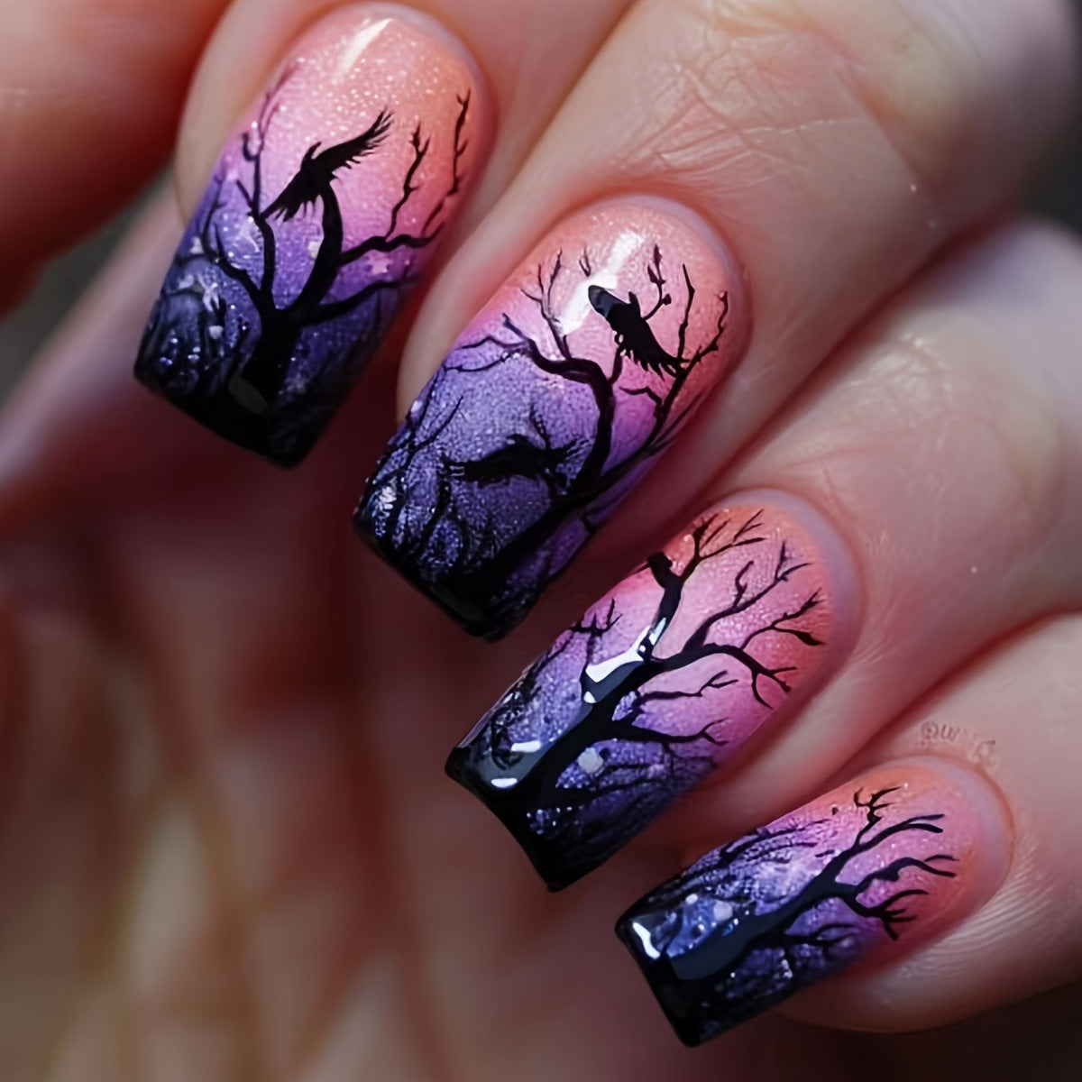 24pcs/Set Halloween Black Dead Trees With Ravens Press-On Nails