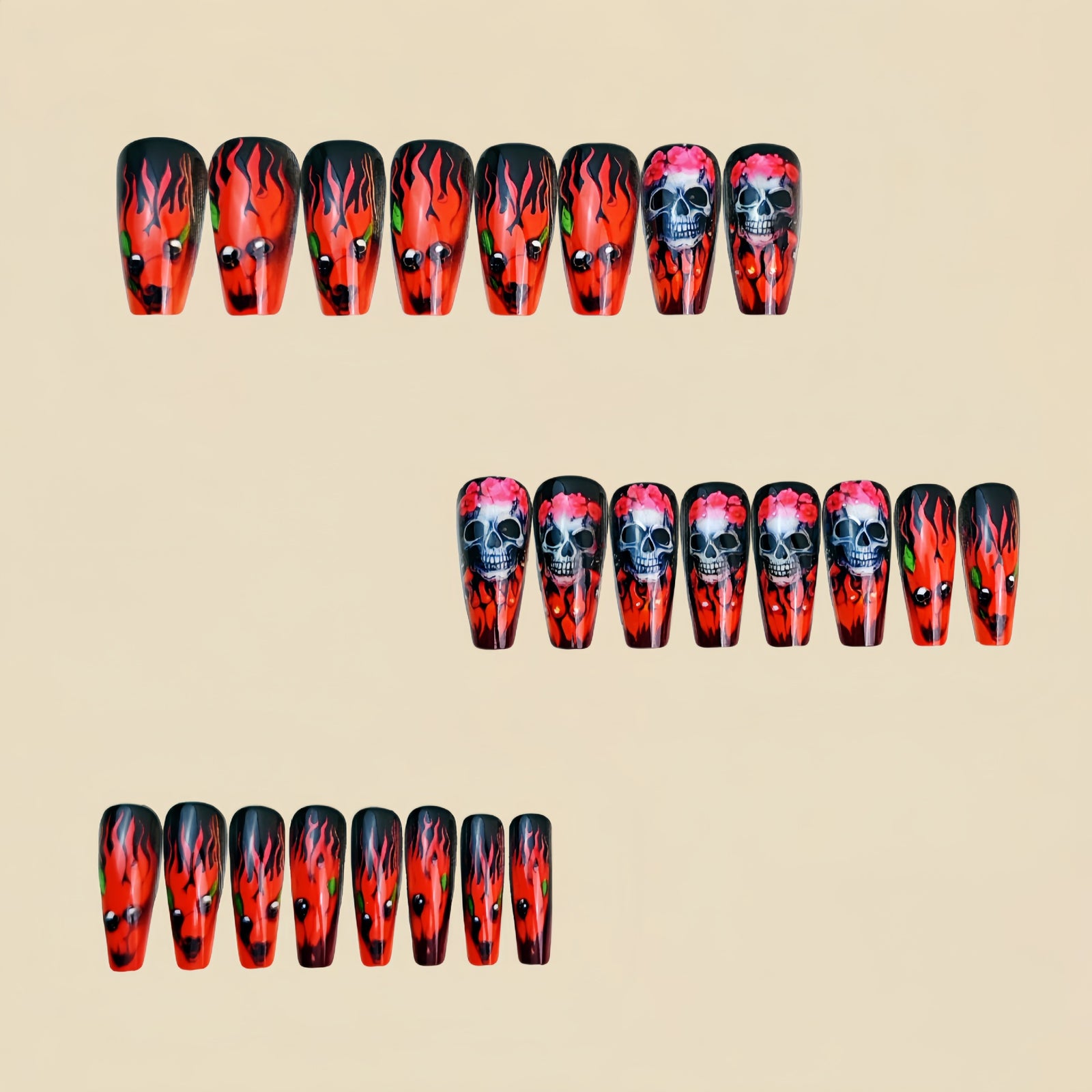 24pcs/Set Halloween Red Flame Horror Skull Press-On Nails