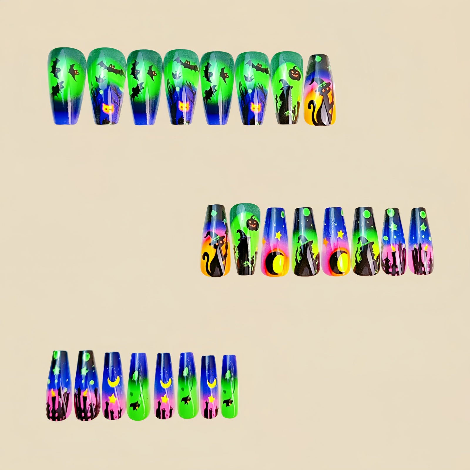 24pcs/Set Halloween Green Wizard Moon Castle Press-On Nails