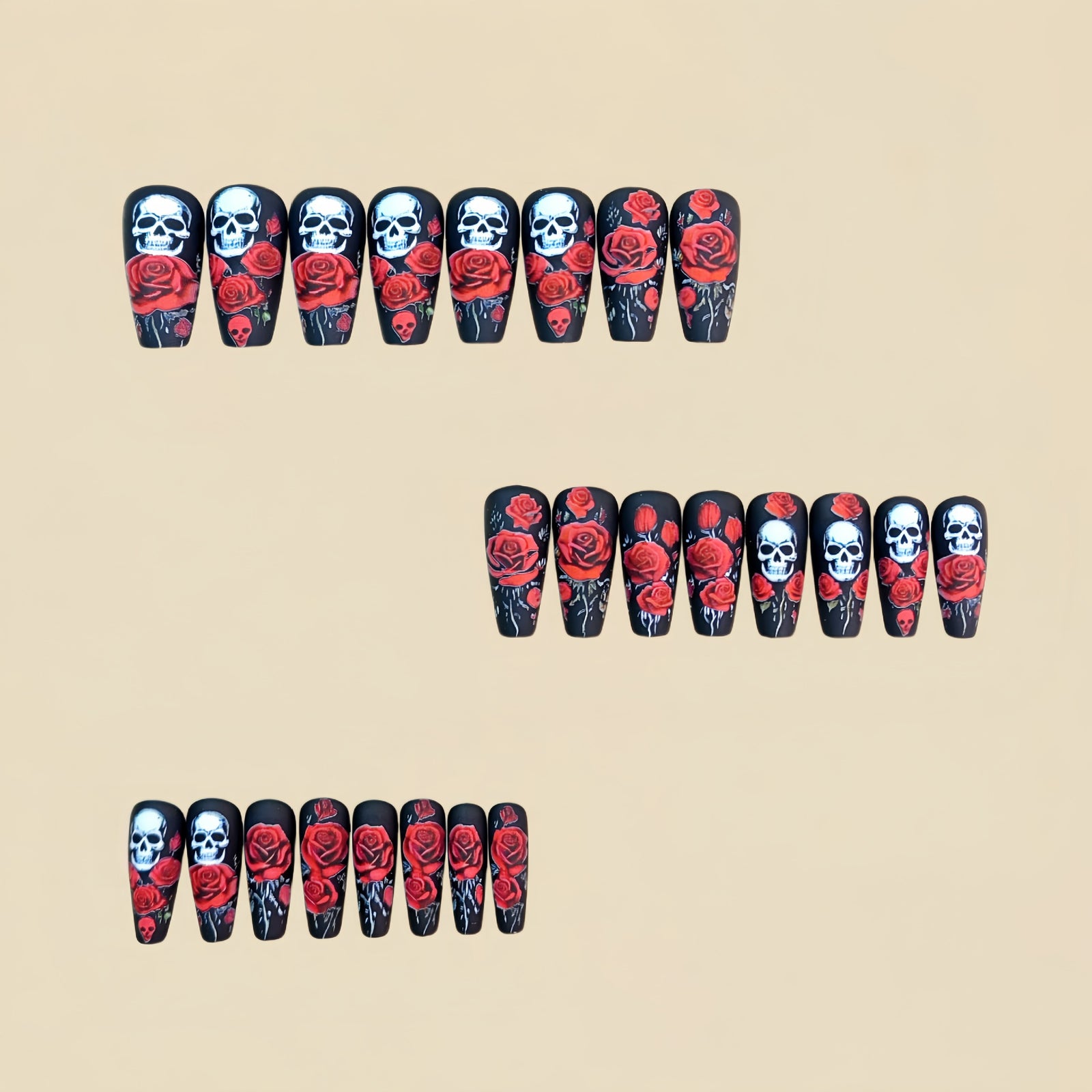 24pcs/Set Halloween Red Rose Skull Press-On Nails