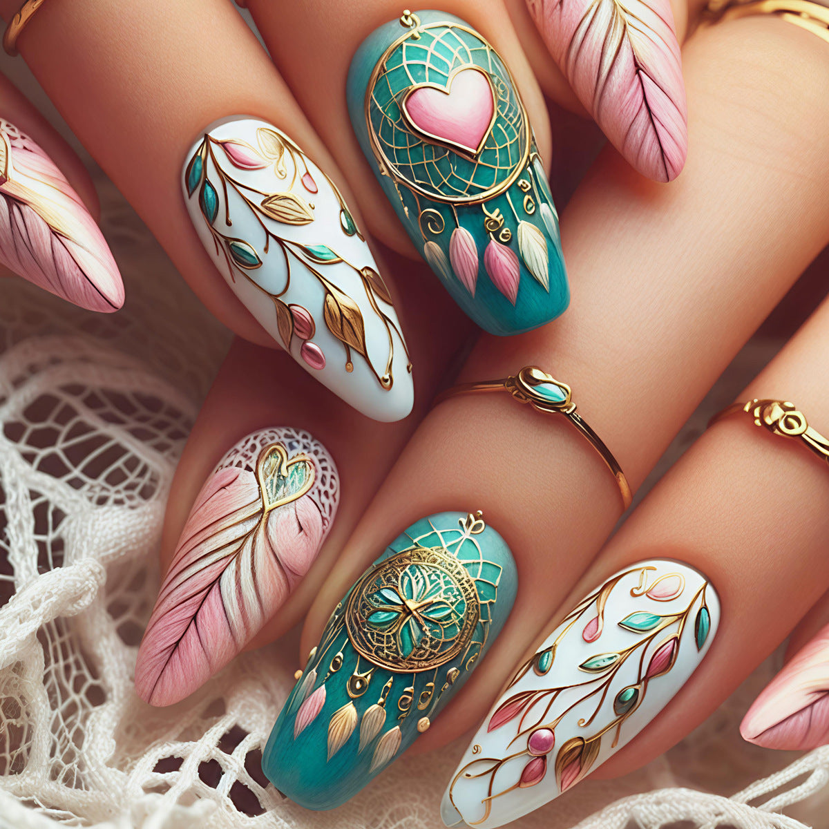 24pcs/Set Dreamcatcher Vine Bohemian Style Press-On Nails