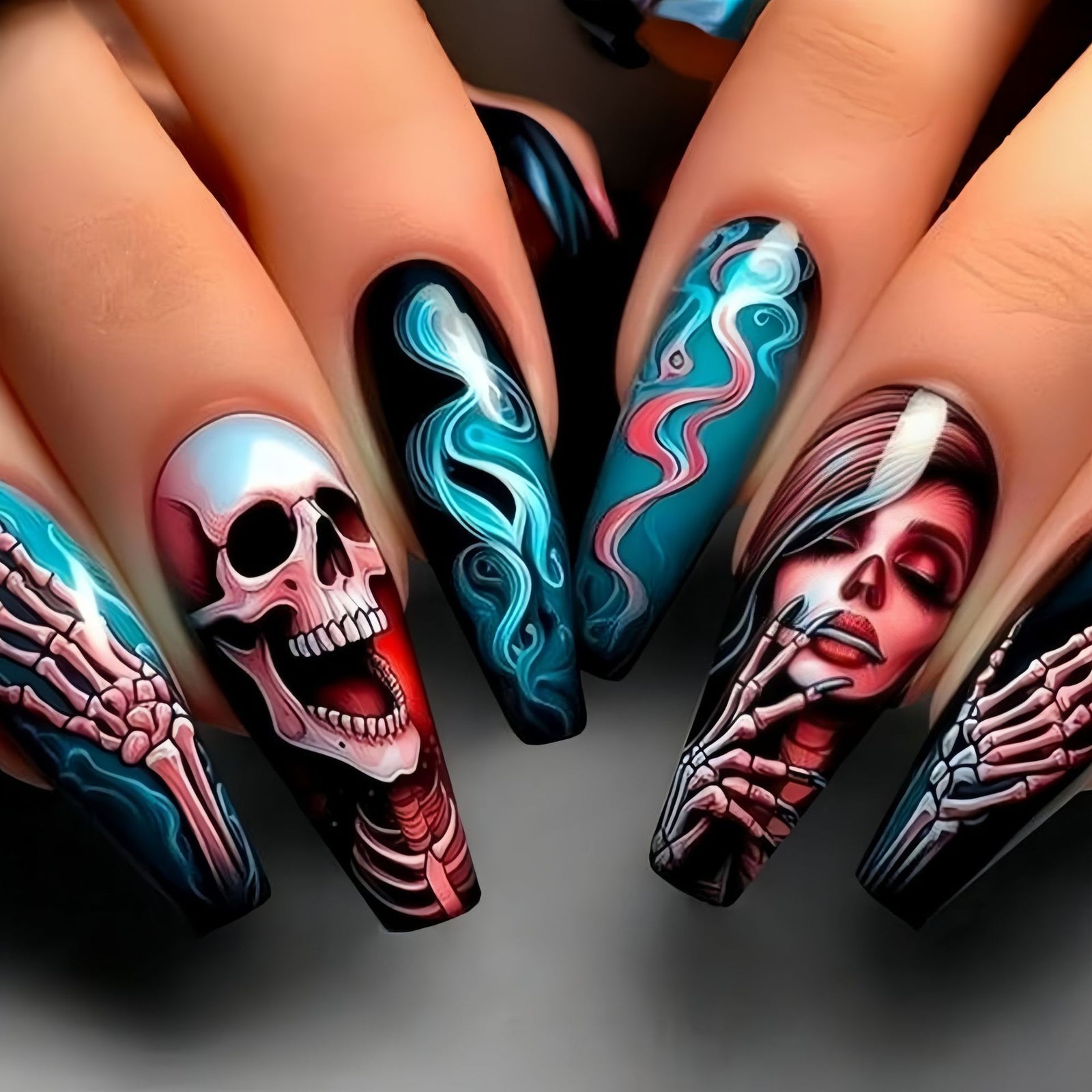 24pcs/Set Blue Halloween Skull Press-On Nails