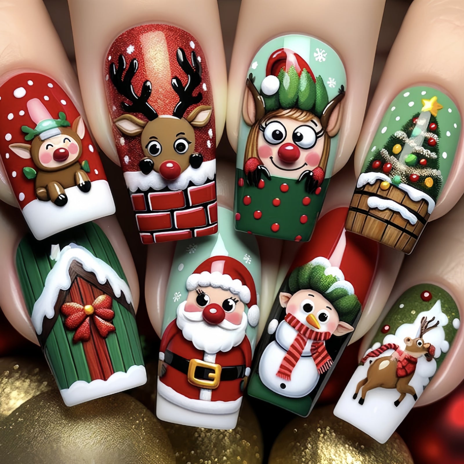 24pcs/Set Santa Claus Reindeer Snow House Press-On Nails