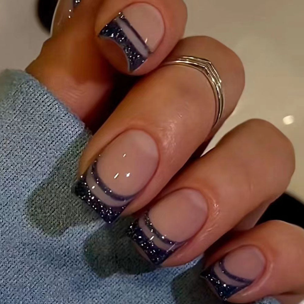 24pcs/Set Glitter French Black Stripes Press-On Nails