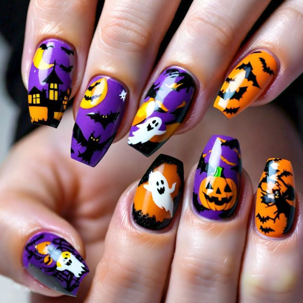 24pcs/Set Orange-Purple Pumpkin-Headed Bat Ghost Press-On Nails