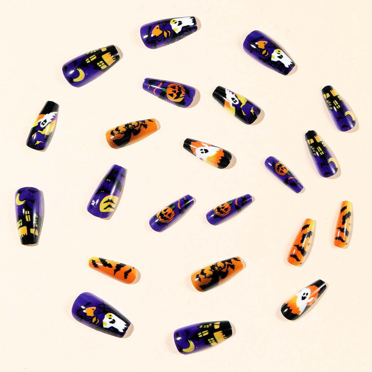 24pcs/Set Orange-Purple Pumpkin-Headed Bat Ghost Press-On Nails