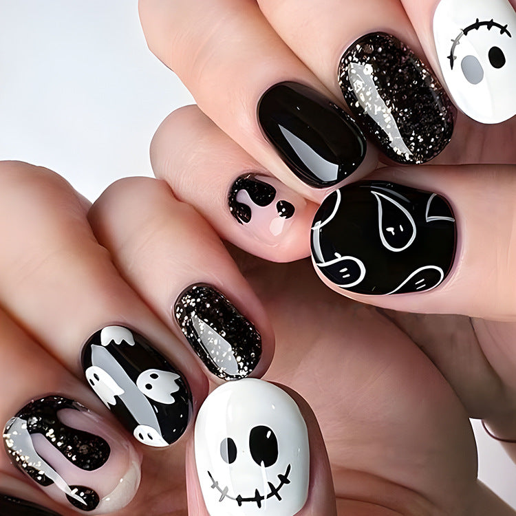 24pcs/Set Black And White Ghost Press-On Nails