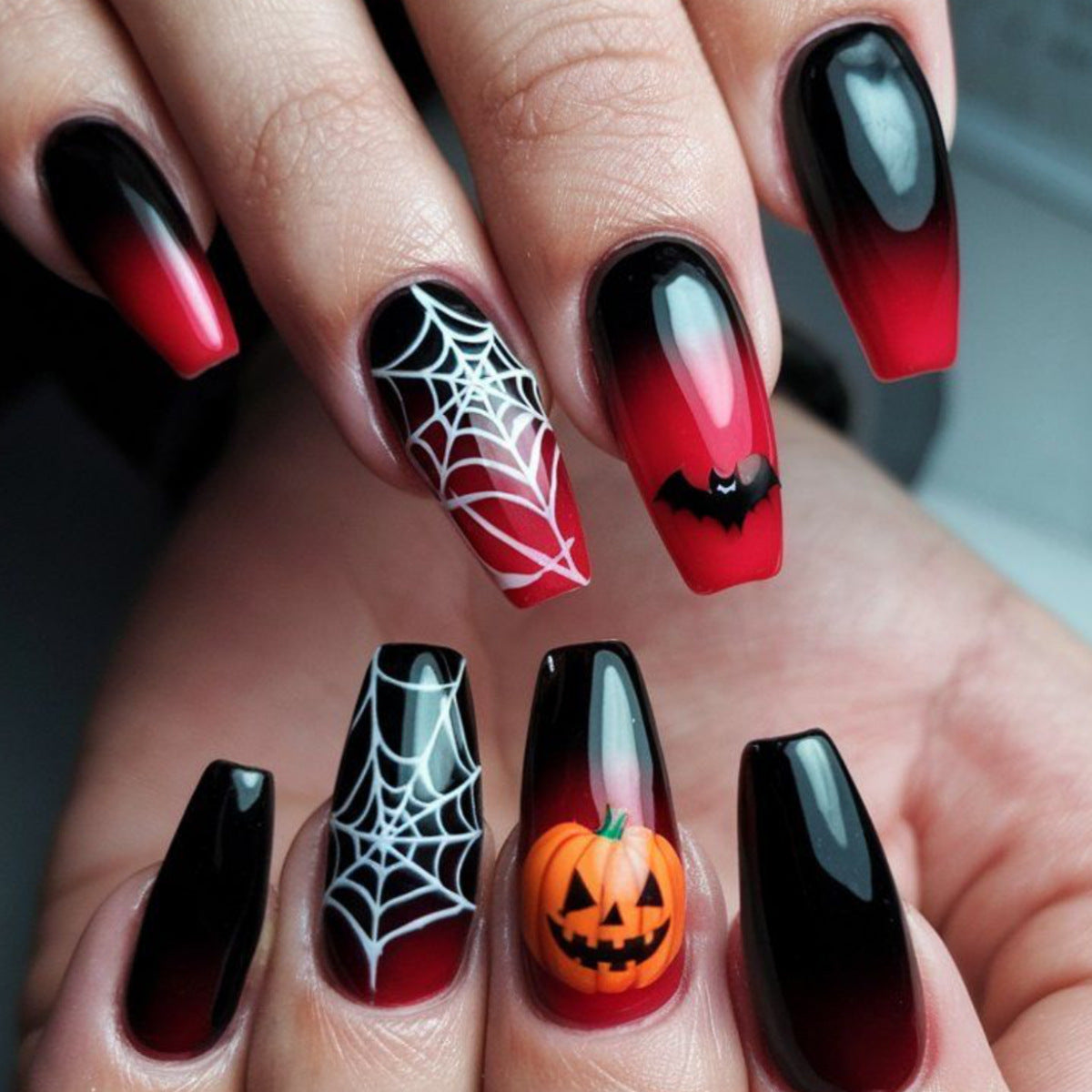 24pcs/Set Halloween Black-Red Gradient Spider Web Bat Pumpkin Head Press-On Nails