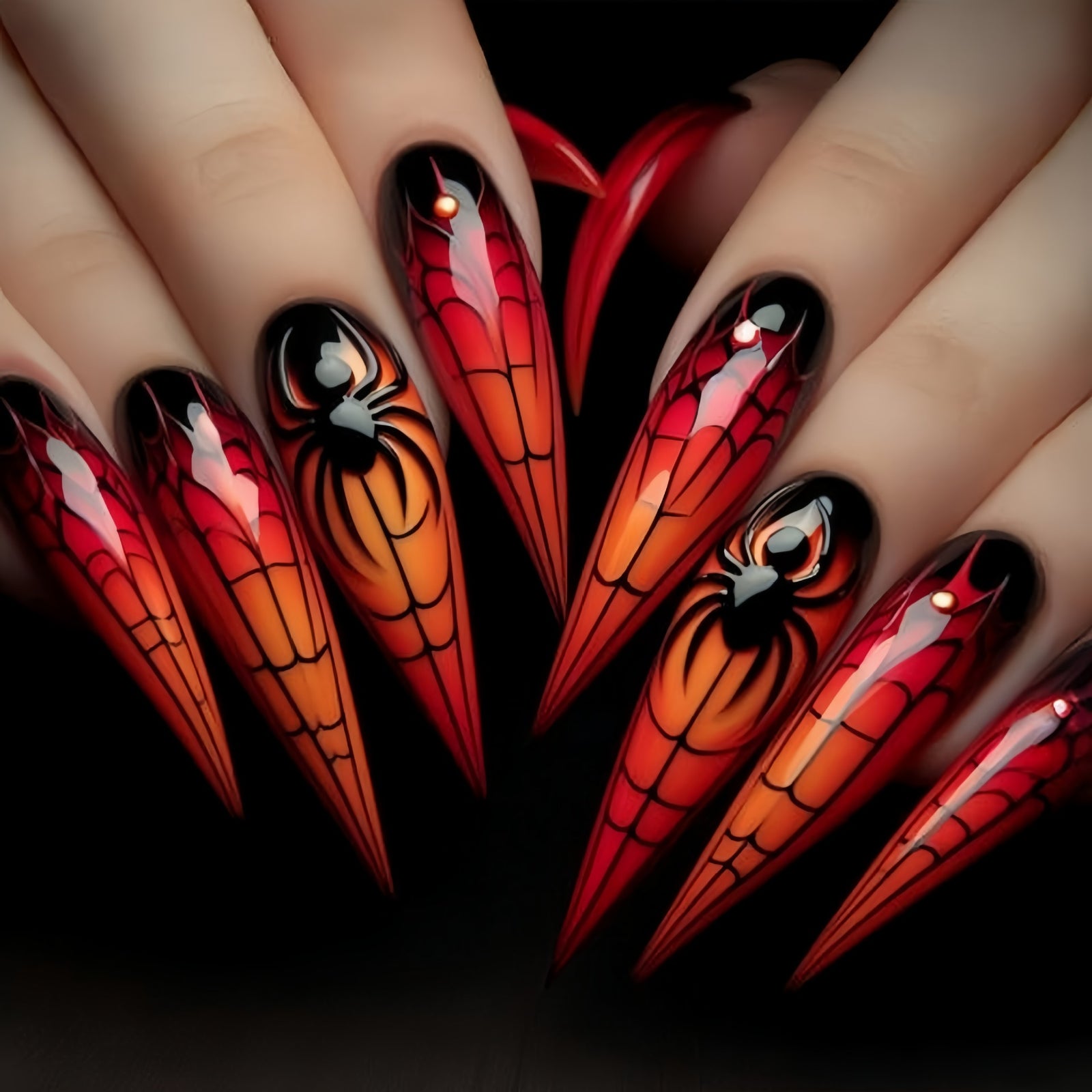 24pcs/Set Halloween Long Spider Web Red Tone Press-On Nails