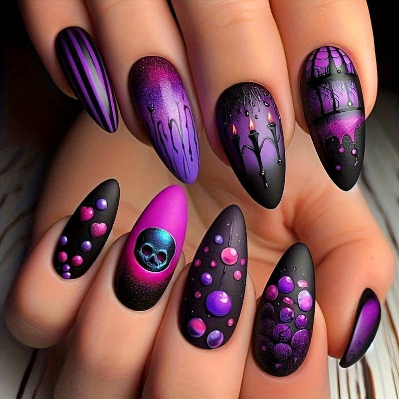 24pcs/Set Dark Night Purple Flame Skull Press-On Nails