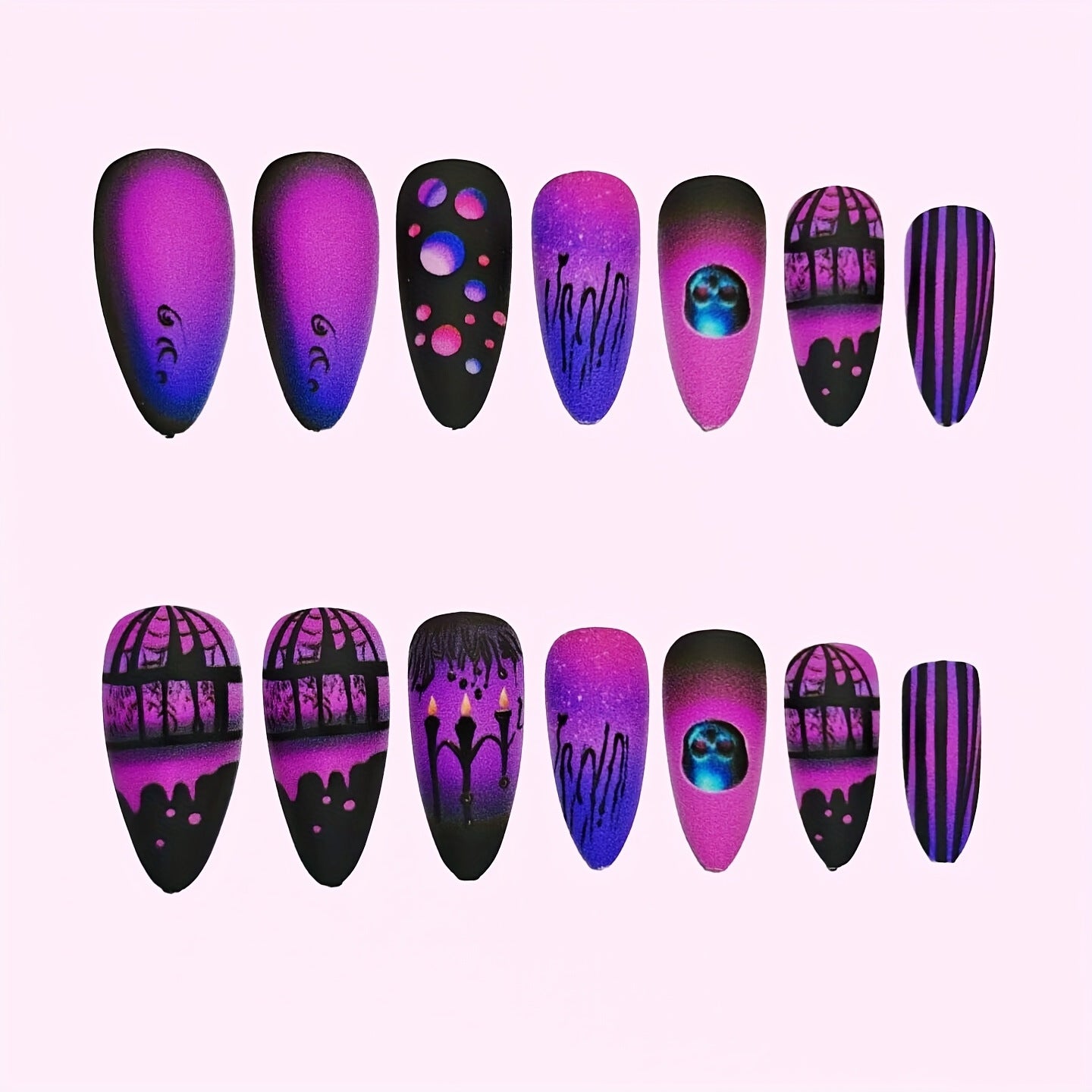 24pcs/Set Dark Night Purple Flame Skull Press-On Nails