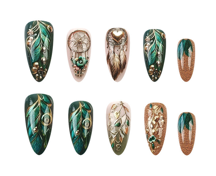 24pcs/Set Relief Feather Golden Heart Flower Press-On Nails