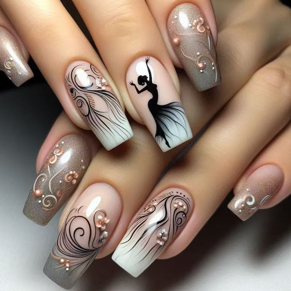 24pcs/Set Beauty Heart Feather Press-On Nails