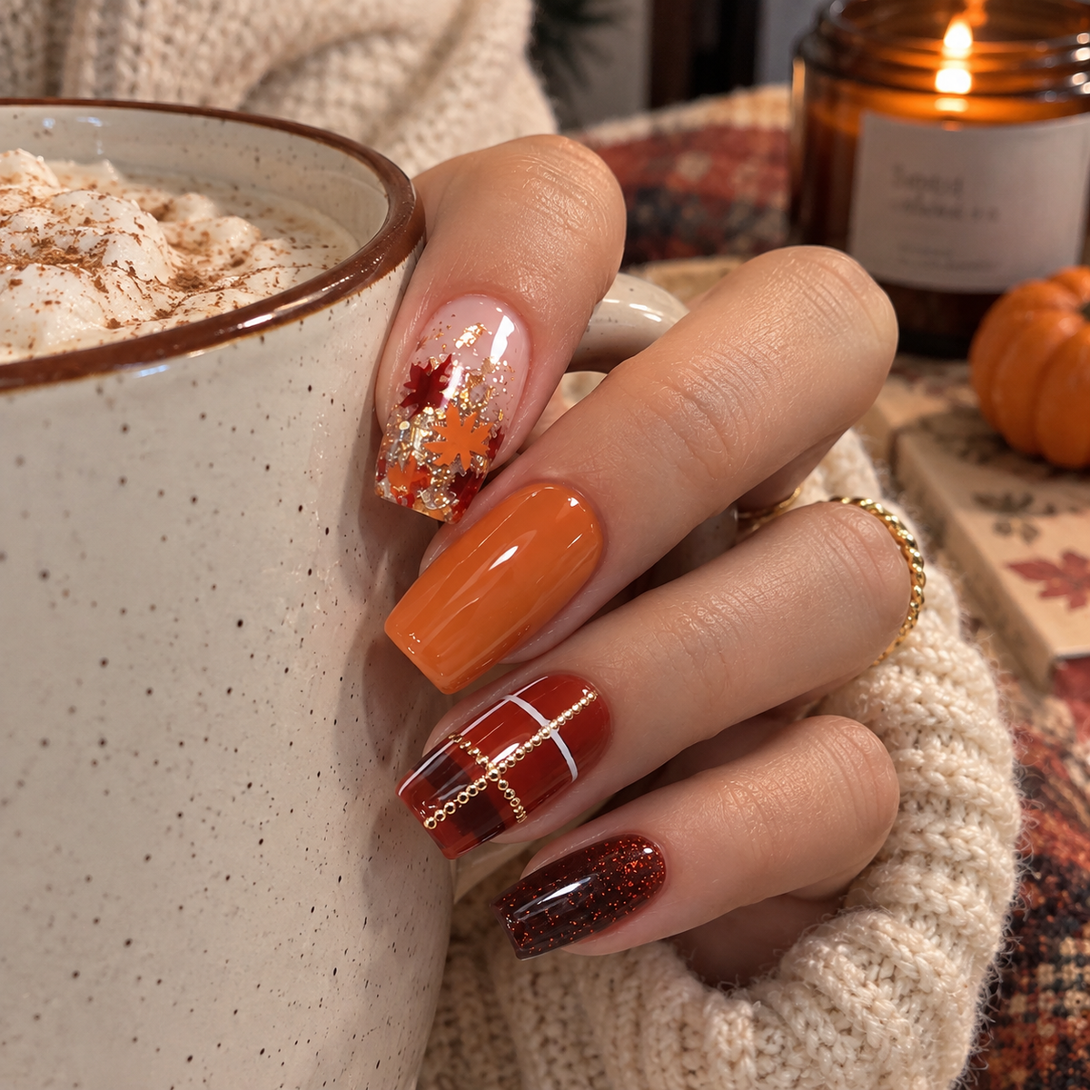 24pcs/Set Maple Leaf Lines with Gold Edges & Glitter Press-On Nails