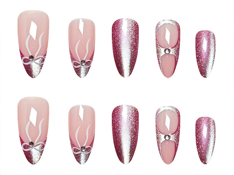 24pcs/Set Pink Purple Cat Eye Fantasy Diamond Decor Press-On Nails